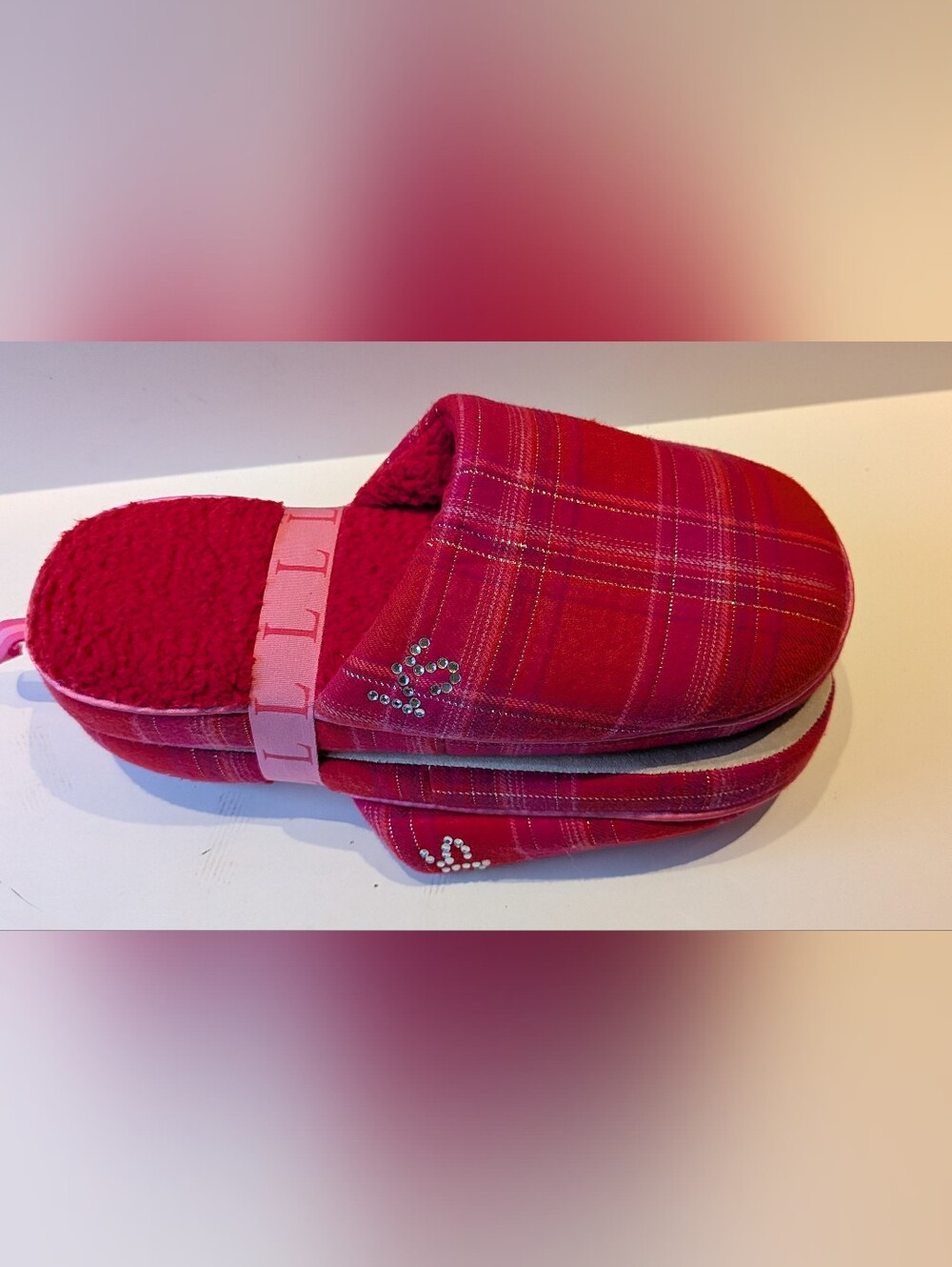 New! Victoria's Secret Hot Pink Plaid Slide Slippers with Rhinestones